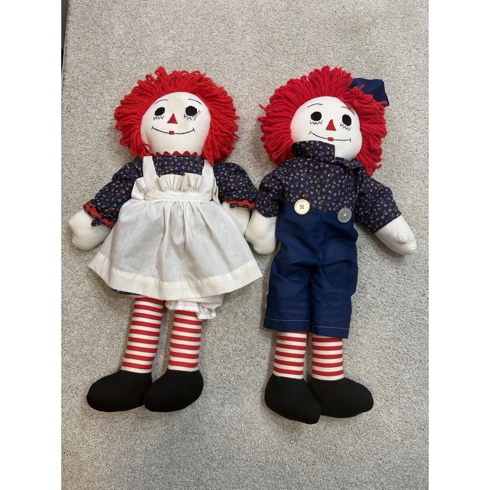 Vintage Raggedy Ann and Andy Plush Cloth Dolls 20 Inch Set Red Yarn Hair Classic